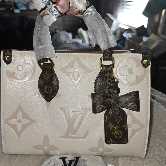 Cream and Brown Monogram Tote with Scarf AND CHARM 10x8 - Picture 3 of 12